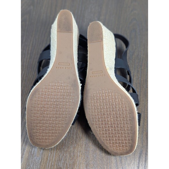 Cole Haan Crystal Strappy Leather Wedges Sandals Womens 8.5 Black Jute Heel Logo - Picture 14 of 15
